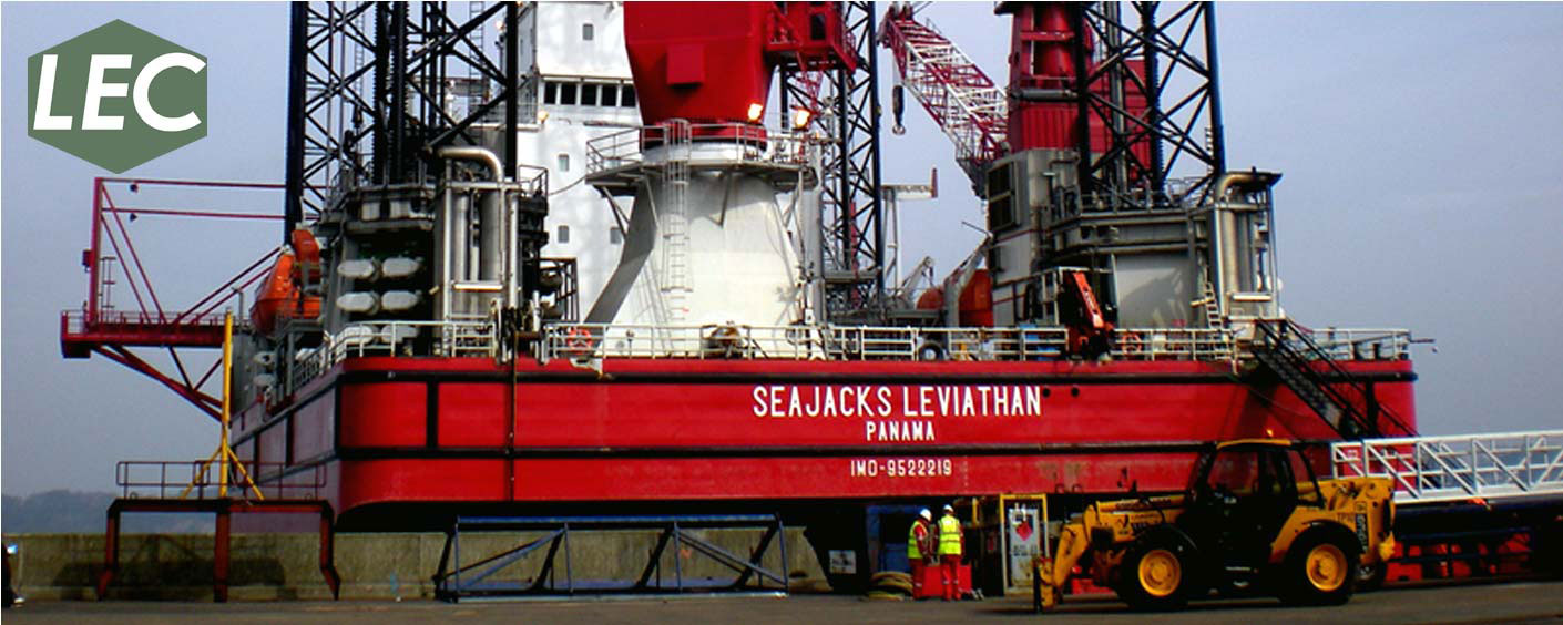 Offshore installation jack up barge Seajacks Leviathan alongside in Harwich preparing for offshore wind farm installation work